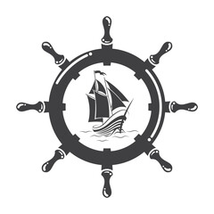 vector illustration of a yacht and ship's steering wheel. Ship logo with ship wheels.