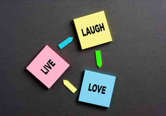 Live, laugh, love motivational happy lifestyle cycle. Colorful note papers with the words live, laugh and love connected with arrows.