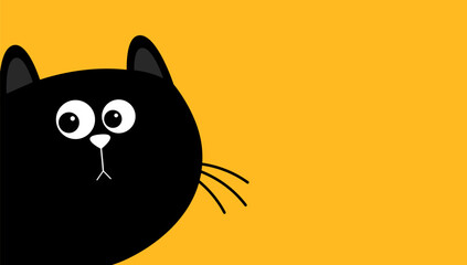 Cat peeking out from around the corner. Black kitten face head. Cute kawaii baby pet animal. Cartoon character. Ear, nose. Notebook cover, tshirt, greeting card print. Flat design. Orange background.