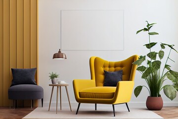 Generative AI illustration of comfortable ottoman and armchair located near decorations in stylish living room