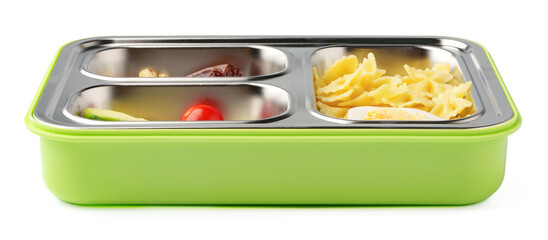 Healthy food delivery in take away box on white background