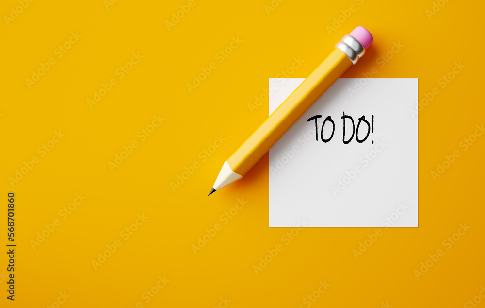 Poster pencil and a note paper with the message to do list on yellow background. 3d render.