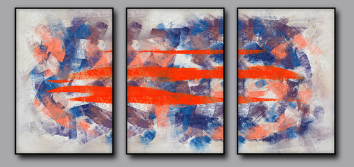 Triptych artwork, abstract paint strokes, oil painting on canvas. Large hand painted purple, orange and dark blue colored pattern