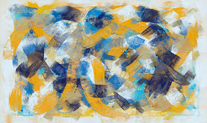 Modern artwork, abstract paint strokes, oil painting on canvas. Artistic brush daubs and smears. Grungy background, hand painted  yellow and dark blue colored pattern