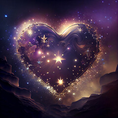 Heart made of stars in space, breathtaking celestial beautiful galaxy stars shine. Concept of love, romance, vastness and beauty of the universe. Magic glowing heart shape with stardust sparks