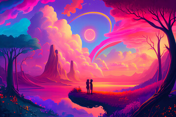 landscape with moon and clouds ,valentines couple.AI