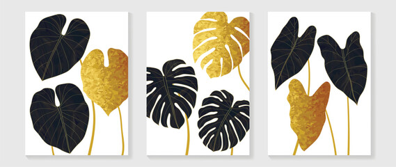 Luxury gold tropical leaves wall art vector set. Botanical exotic jungle foliage, natural palm leaves, golden line art and watercolor texture background. Design for home decoration, spa, cover.