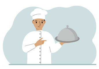 A male chef with a plate covered with a cloche or a tray with a lid.