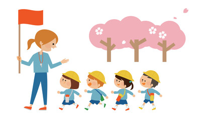 遠足に行く先生と子供たち