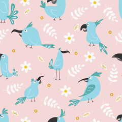 Seamless pattern with tropical birds and tropical plants, cartoon flat style