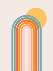 Trendy abstract aesthetic background with sun and rainbow. Mid century wall decor in style 60s, 70s. Retro vector design for social media, blog post, template, interior design