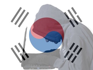 South Korea flag and Anonymous hooded hacker