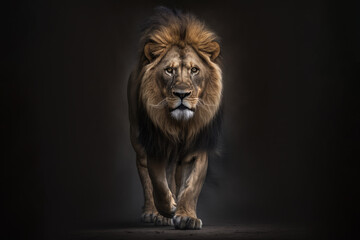 Naklejka na ściany i meble Majestic lion walking on dark background. Wildlife illustration