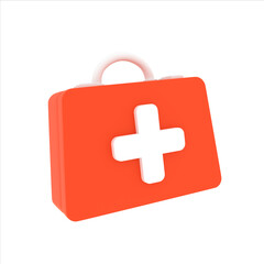 3D first aid kit. Red medical box with a white cross isolated. Emergency case. Simple design of frist aid kit.