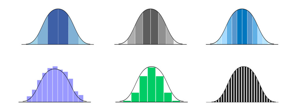 Set of Gaussian or normal distribution histograms. Bell curve templates with columns. Probability theory concept. Layouts for financial, statistics or logistic data