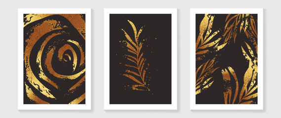 Fototapeta na wymiar Luxury gold tropical leaves wall art vector set. Botanical exotic leaf branch and abstract swirl organic shape with gradient gold shimmer foil texture. Design for home decoration, spa, cover, print.