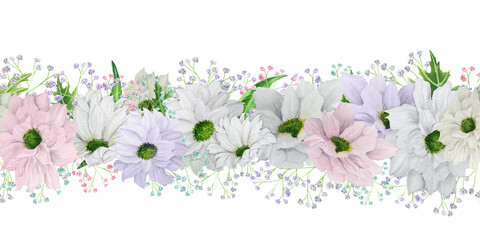 Hand-drawn watercolor seamless banner with white pale pink and lilac chrysanthemum flowers and leaves