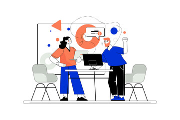 Line concept Business meeting with people scene in the flat cartoon style. Two business partner discuss important issues in the office.
