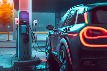 Fototapeta na wymiar Refueling for cars e-mobility. Charging an electric car at hybrid engine gasoline and electricity repair shop service garage. Generative AI technology.