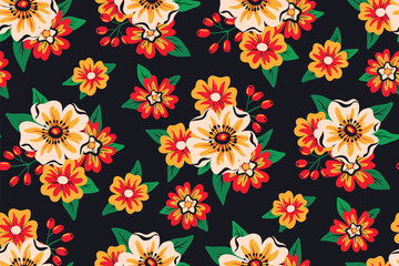 Seamless floral pattern, vintage ditsy print in Slavic folk style. Beautiful botanical design with hand drawn plants: small flowers, leaves in bouquets on a dark black background. Vector illustration.