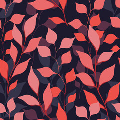 Seamless floral pattern with decorative foliage in vintage style. Elegant botanical print with hand drawn red leaves branches on a dark purple background. Vector illustration.