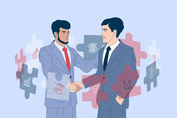 Fototapeta premium Business collaboration concept art. Two men in business suits shaking hands. Business collaboration
