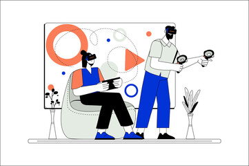 Metaverse line concept with people scene in the flat cartoon style. Boy and girl play games together while in virtual space.