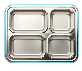 Empty lunch box with metal compartments isolated on white background.