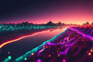 3d illustration of a a cyberspace landscape in a synthwave style