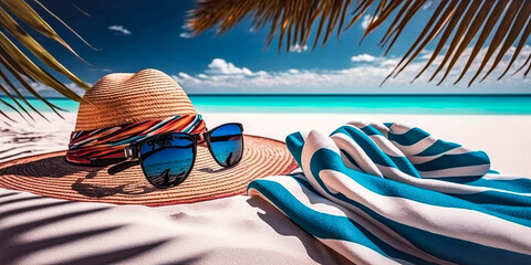 Fototapeta na wymiar Summer background, concept beach vacation. Blue striped towel, Sunglasses with blue sky reflection,straw beach hat, palm leaves on background white sand and turquoise ocean. 