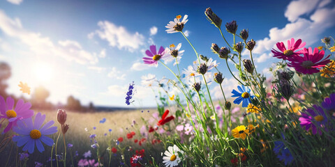 Obraz na płótnie Canvas summer meadow flowers close-up against a blue sky with clouds in rays of sunlight on nature in spring, panoramic view. Growing blossoming summer meadow, soft focus, copy space