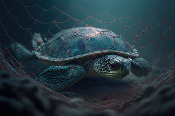3d illustration of a sea turtle entangled in a fishing net