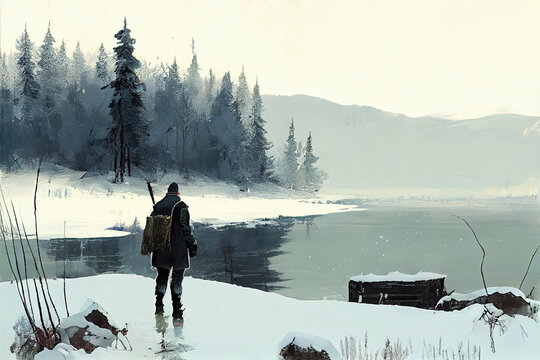 Man at lake in winter ice fishing in snow landscape (Generative AI)