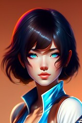 a girl with blue eyes, short hair, cute, baby face generated by ai