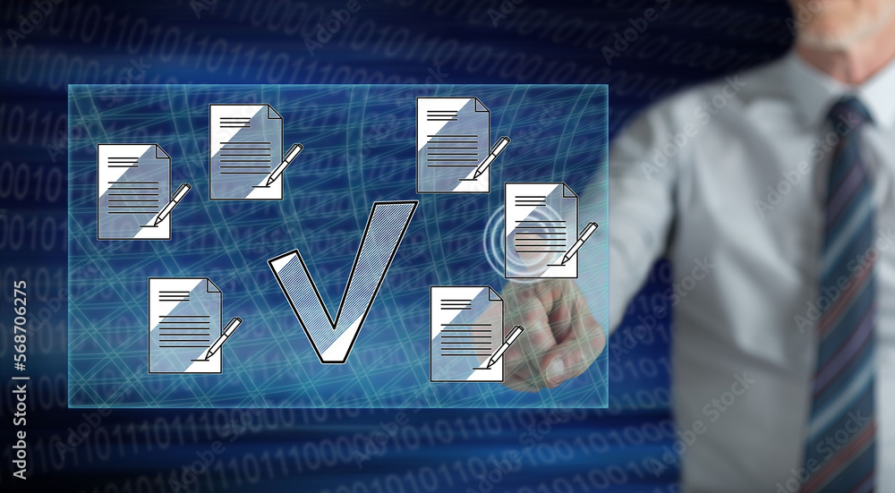 Wall mural man touching a document validation concept
