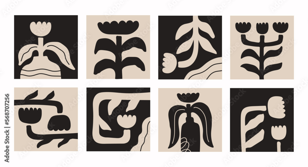 Aufkleber floral set of abstract square backgrounds with different various plants. naive art decor. trendy han