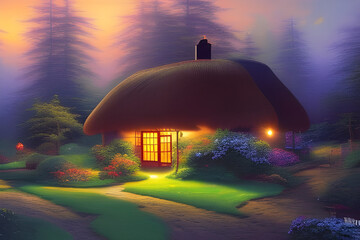 Cozy thatched cottage in the woods. Windows glow softly in the dusk. Amazing fantasy landscape. Digital illustration. CG Artwork Background