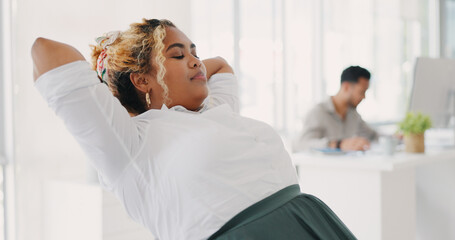 Woman, office and relax for rest, tired or stop working at desk in marketing startup with smile. Corporate black woman, modern office or exhausted on break, relief or breathe at workplace in New York