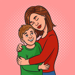 mother hugging her son pinup pop art retro vector illustration. Comic book style imitation.