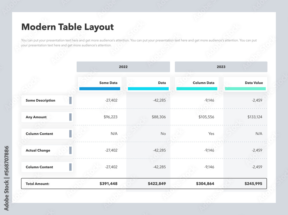 Poster Modern table layout template with years columns and a total sum row. Simple flat template for data visualization.