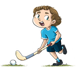 Illustration of running boy playing hockey with stick and ball