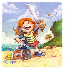Illustration of little pirate girl with sword and treasure chest - 568707833