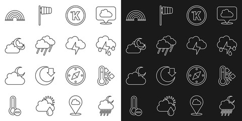 Set line Cloud with rain and moon, Meteorology thermometer, lightning, Kelvin, Rainbow and Storm icon. Vector