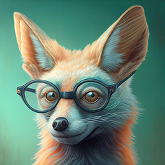 Surreal hybrid creature, half fox, half man in mythologie, wearing a sweater, jacket and eyeglasses, illustration, generative AI

