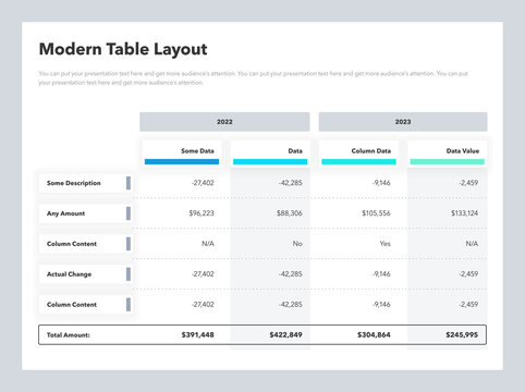 Modern table layout template with years columns and a total sum row. Simple flat template for data visualization.