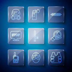 Set line Walkie talkie, Special forces soldier, Bulletproof vest, Barbed wire, Police rubber baton, Protest, Gas mask and Peace icon. Vector