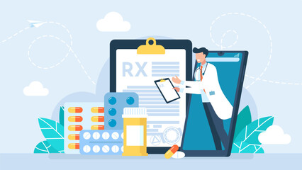 Online doctor's consultation. The doctor prescribes medication via smartphone. Phone screen with male therapist. Ask doctor. Online medical advice or consultation service. Vector flat illustration. 