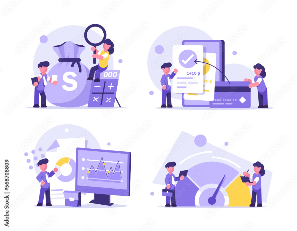 Poster tiny business characters team analysing data and research financial monitoring report on huge dashbo