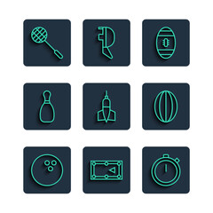 Set line Bowling ball, Billiard table, Stopwatch, American Football, Dart arrow, pin, Tennis racket and Rugby icon. Vector