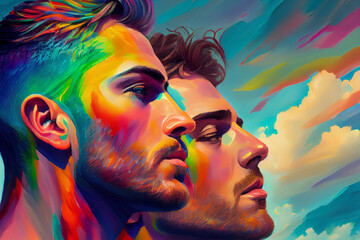 Portrait of two gay men embracing love and affection, generative ai. The soft hues and intricate details capture the warmth of the moment. A beautiful representation of love in all its forms - obrazy, fototapety, plakaty